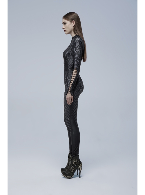 Gothic Perspective Elasticity Skeleton Print Cross Tie Rope Design Mesh T-Shirt