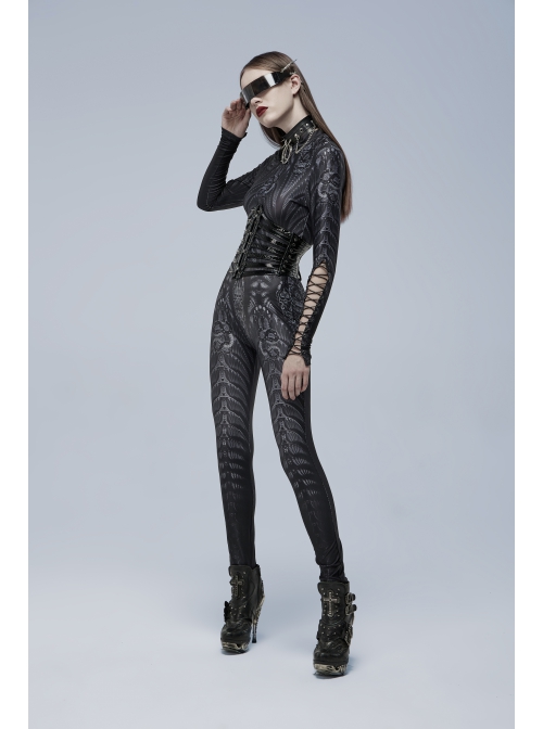 Gothic Perspective Elasticity Skeleton Print Cross Tie Rope Design Mesh T-Shirt