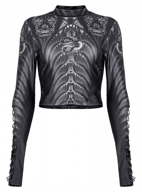 Gothic Perspective Elasticity Skeleton Print Cross Tie Rope Design Mesh T-Shirt