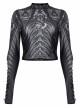 Gothic Perspective Elasticity Skeleton Print Cross Tie Rope Design Mesh T-Shirt