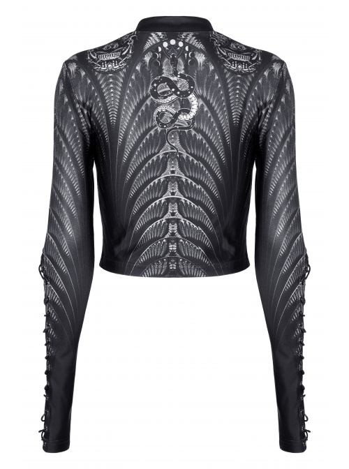 Gothic Perspective Elasticity Skeleton Print Cross Tie Rope Design Mesh T-Shirt