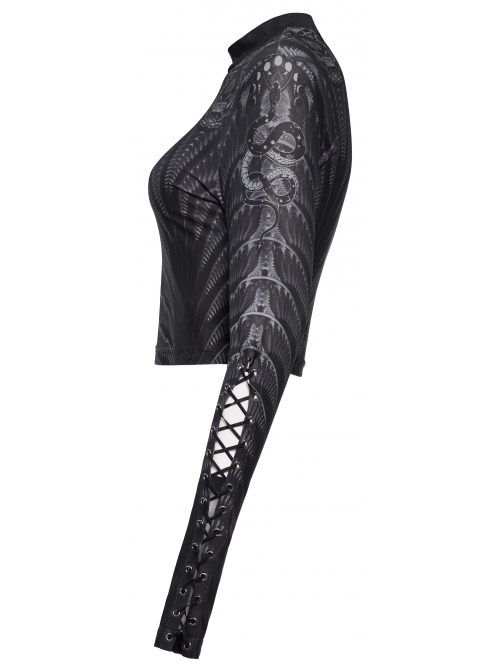 Gothic Perspective Elasticity Skeleton Print Cross Tie Rope Design Mesh T-Shirt
