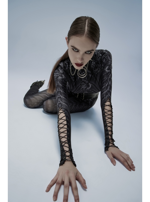Gothic Perspective Elasticity Skeleton Print Cross Tie Rope Design Mesh T-Shirt