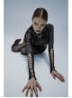 Gothic Perspective Elasticity Skeleton Print Cross Tie Rope Design Mesh T-Shirt