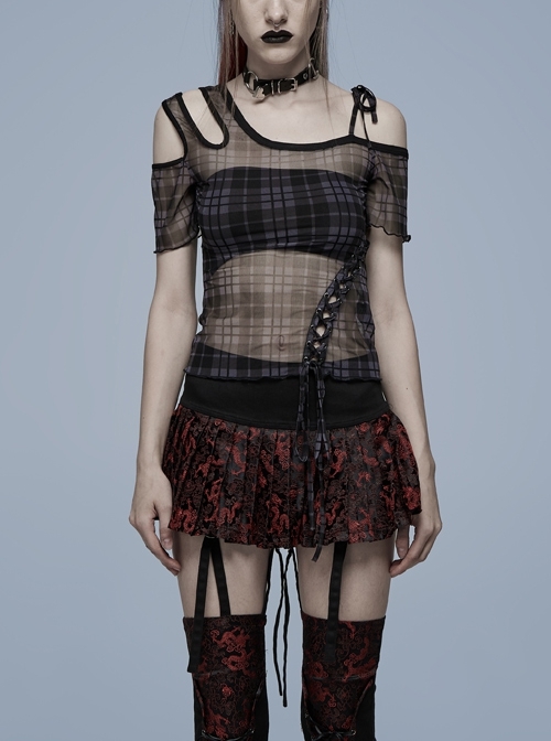 Daily Punk Asymmetrical Cutout Neckline Strap Design Plaid Mesh T-Shirt