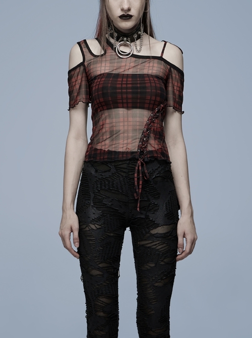 Red Daily Punk Asymmetrical Cutout Neckline Strap Design Plaid Mesh T-Shirt