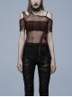 Red Daily Punk Asymmetrical Cutout Neckline Strap Design Plaid Mesh T-Shirt