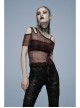 Red Daily Punk Asymmetrical Cutout Neckline Strap Design Plaid Mesh T-Shirt