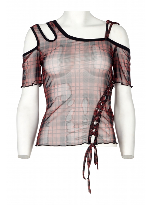 Red Daily Punk Asymmetrical Cutout Neckline Strap Design Plaid Mesh T-Shirt