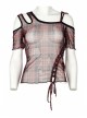 Red Daily Punk Asymmetrical Cutout Neckline Strap Design Plaid Mesh T-Shirt
