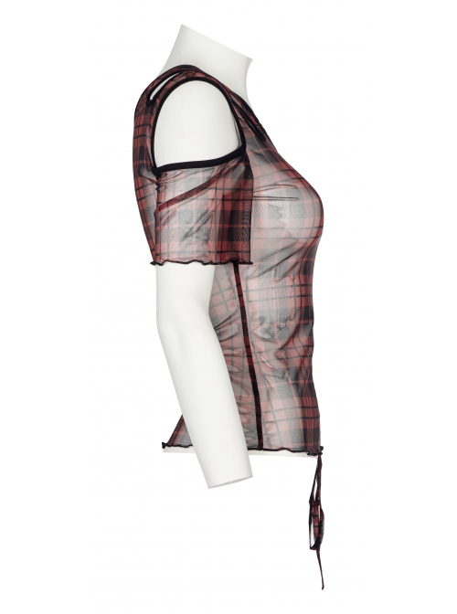 Red Daily Punk Asymmetrical Cutout Neckline Strap Design Plaid Mesh T-Shirt
