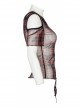Red Daily Punk Asymmetrical Cutout Neckline Strap Design Plaid Mesh T-Shirt