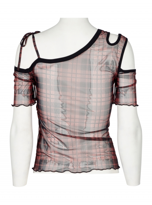 Red Daily Punk Asymmetrical Cutout Neckline Strap Design Plaid Mesh T-Shirt