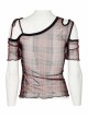 Red Daily Punk Asymmetrical Cutout Neckline Strap Design Plaid Mesh T-Shirt