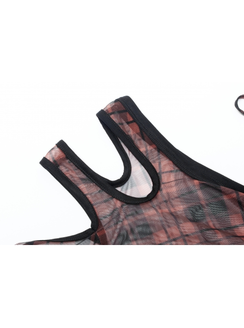 Red Daily Punk Asymmetrical Cutout Neckline Strap Design Plaid Mesh T-Shirt