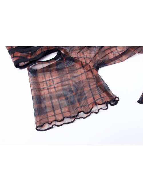 Red Daily Punk Asymmetrical Cutout Neckline Strap Design Plaid Mesh T-Shirt