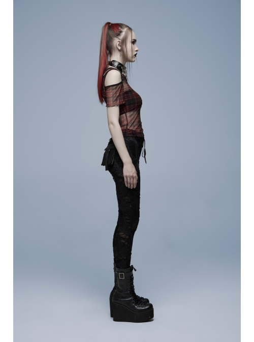 Red Daily Punk Asymmetrical Cutout Neckline Strap Design Plaid Mesh T-Shirt