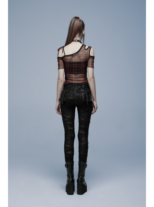Red Daily Punk Asymmetrical Cutout Neckline Strap Design Plaid Mesh T-Shirt