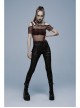 Red Daily Punk Asymmetrical Cutout Neckline Strap Design Plaid Mesh T-Shirt