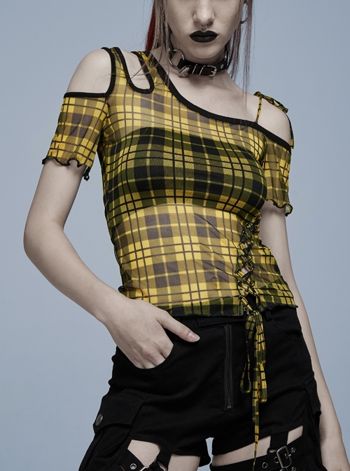 Daily Punk Asymmetrical Cutout Neckline Strap Design Plaid Mesh T-Shirt