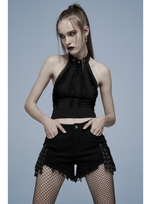 Daily Stretch Knitted Fabric Hollowed Out Spider Print Adjustable Halter Vest