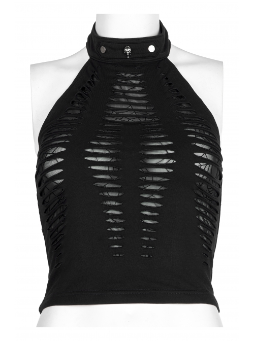 Daily Stretch Knitted Fabric Hollowed Out Spider Print Adjustable Halter Vest