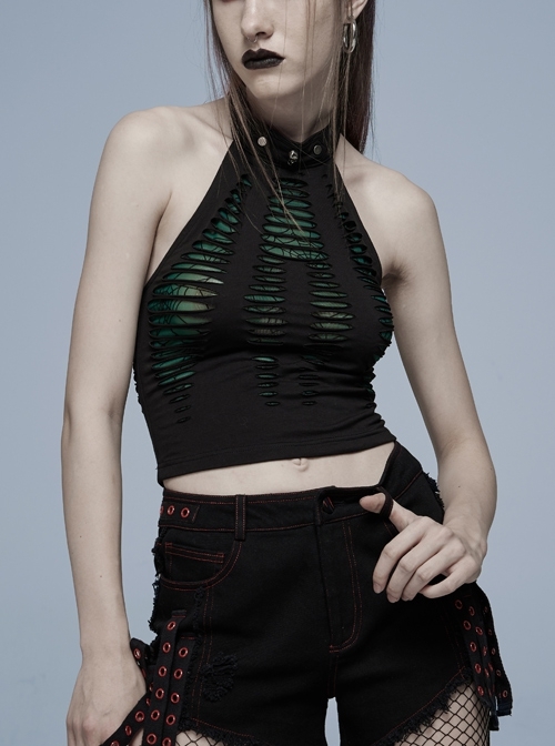 Daily Stretch Knitted Fabric Hollowed Out Spider Print Adjustable Halter Vest