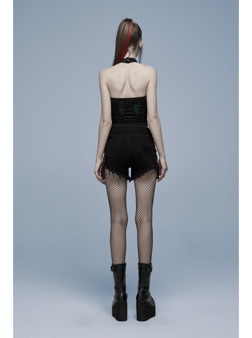 Daily Stretch Knitted Fabric Hollowed Out Spider Print Adjustable Halter Vest