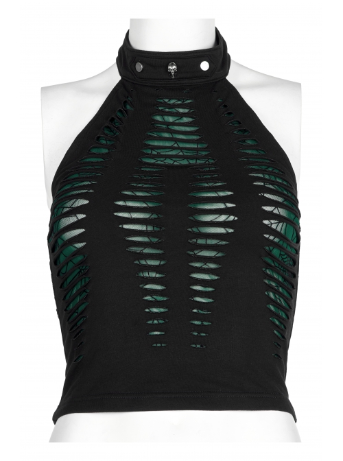 Daily Stretch Knitted Fabric Hollowed Out Spider Print Adjustable Halter Vest