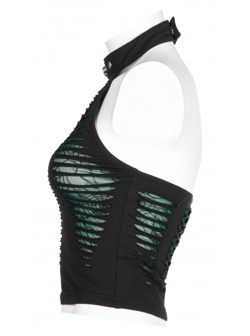 Daily Stretch Knitted Fabric Hollowed Out Spider Print Adjustable Halter Vest