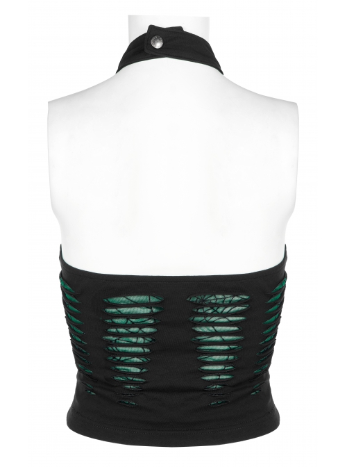 Daily Stretch Knitted Fabric Hollowed Out Spider Print Adjustable Halter Vest