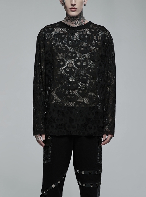 Black Punk Round Neck Daily Wear Skull Lace Mesh Cloth Long Sleeve T-Shirt