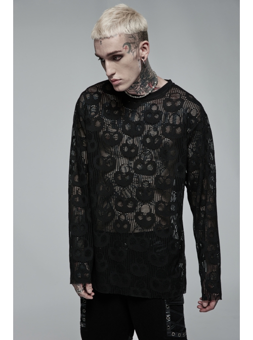 Black Punk Round Neck Daily Wear Skull Lace Mesh Cloth Long Sleeve T-Shirt