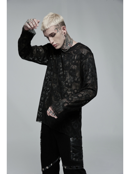 Black Punk Round Neck Daily Wear Skull Lace Mesh Cloth Long Sleeve T-Shirt