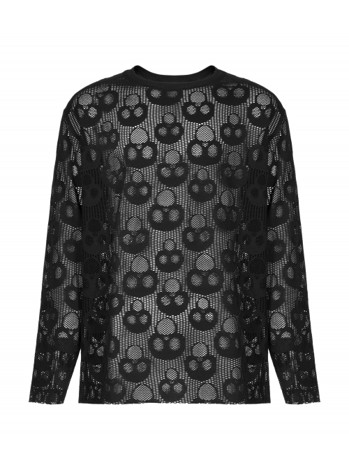 Black Punk Round Neck Daily Wear Skull Lace Mesh Cloth Long Sleeve T-Shirt