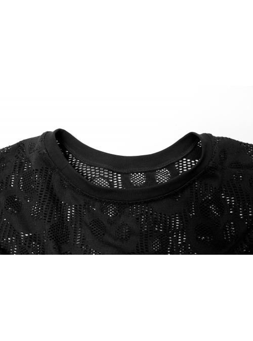 Black Punk Round Neck Daily Wear Skull Lace Mesh Cloth Long Sleeve T-Shirt