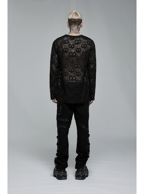 Black Punk Round Neck Daily Wear Skull Lace Mesh Cloth Long Sleeve T-Shirt