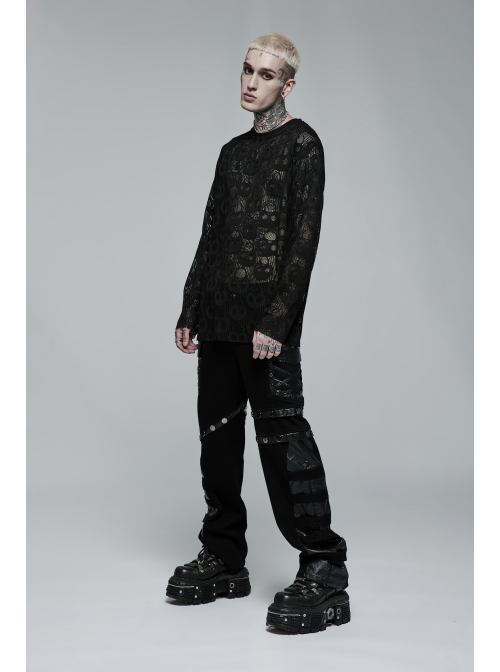 Black Punk Round Neck Daily Wear Skull Lace Mesh Cloth Long Sleeve T-Shirt