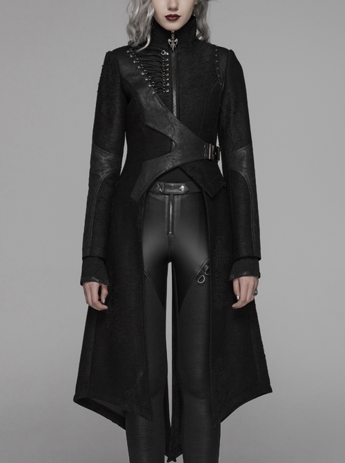 Punk Irregular Texture Dermatoglyphic Small Stand-Up Collar Asymmetric Design Metal Decorative Drawstring Straps Long Jacket
