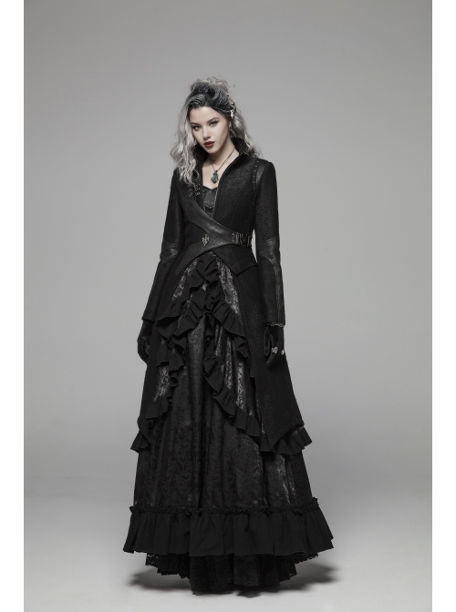 Punk Irregular Texture Dermatoglyphic Small Stand-Up Collar Asymmetric Design Metal Decorative Drawstring Straps Long Jacket