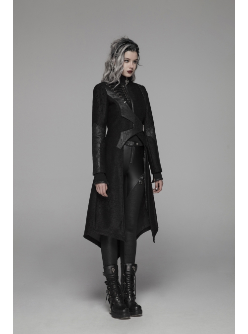 Punk Irregular Texture Dermatoglyphic Small Stand-Up Collar Asymmetric Design Metal Decorative Drawstring Straps Long Jacket