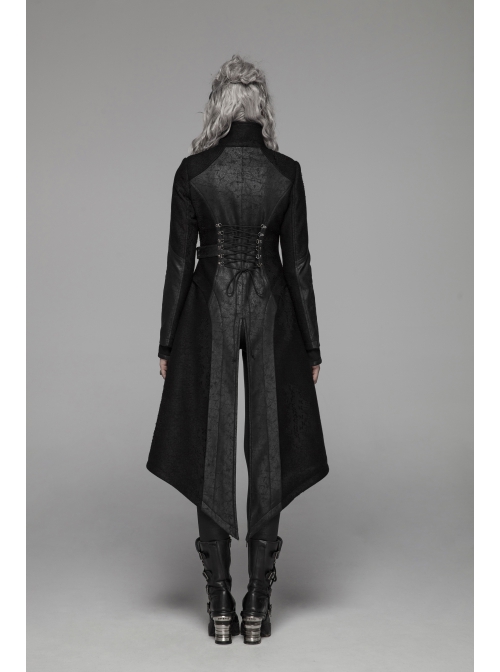 Punk Irregular Texture Dermatoglyphic Small Stand-Up Collar Asymmetric Design Metal Decorative Drawstring Straps Long Jacket