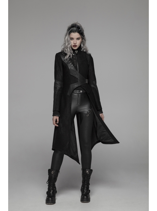 Punk Irregular Texture Dermatoglyphic Small Stand-Up Collar Asymmetric Design Metal Decorative Drawstring Straps Long Jacket