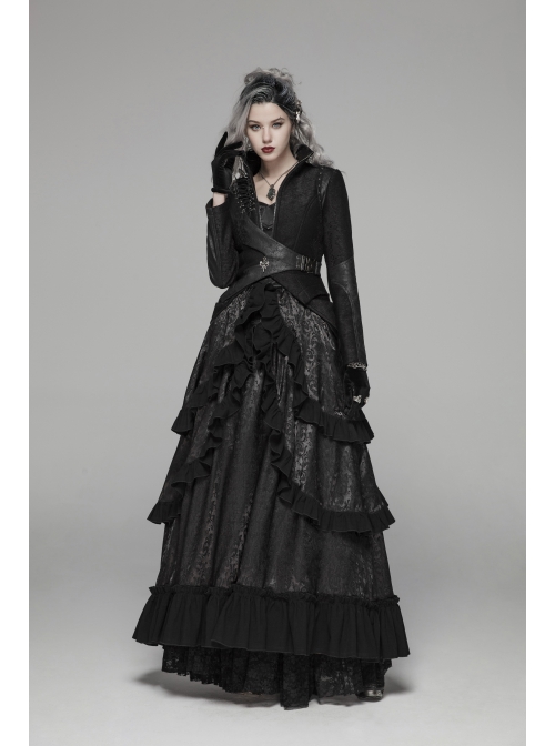 Punk Irregular Texture Dermatoglyphic Small Stand-Up Collar Asymmetric Design Metal Decorative Drawstring Straps Long Jacket