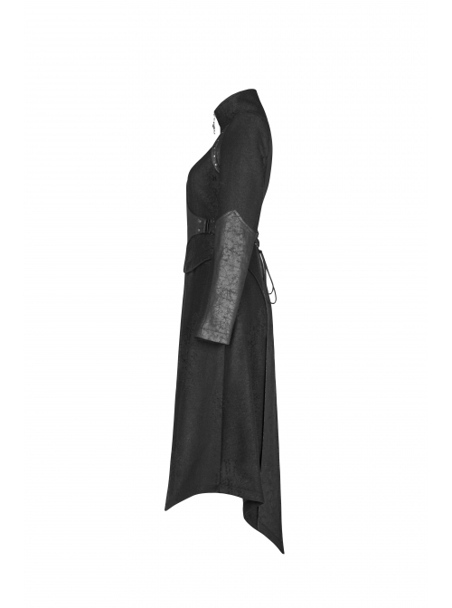 Punk Irregular Texture Dermatoglyphic Small Stand-Up Collar Asymmetric Design Metal Decorative Drawstring Straps Long Jacket