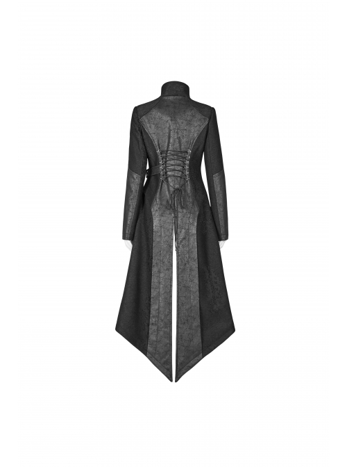 Punk Irregular Texture Dermatoglyphic Small Stand-Up Collar Asymmetric Design Metal Decorative Drawstring Straps Long Jacket
