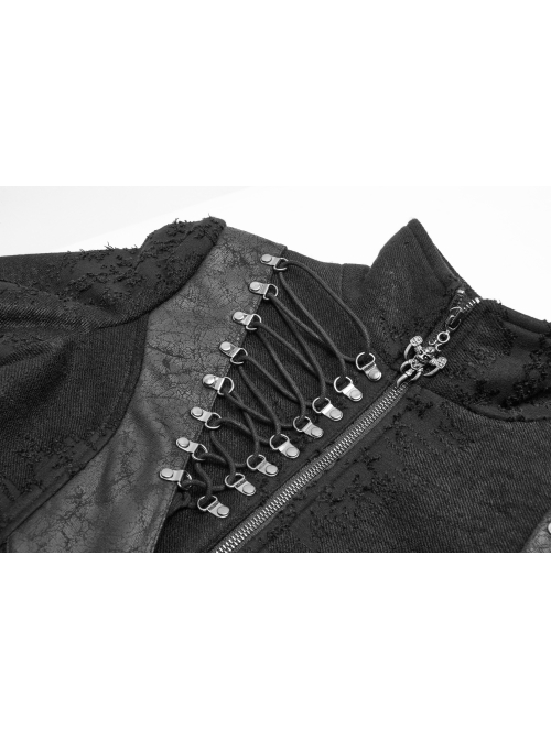Punk Irregular Texture Dermatoglyphic Small Stand-Up Collar Asymmetric Design Metal Decorative Drawstring Straps Long Jacket
