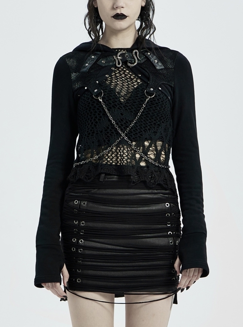 Punk Knitted Fabric Woven Metal Rivet Chain Decoration Short Coat
