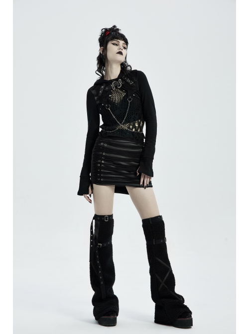 Punk Knitted Fabric Woven Metal Rivet Chain Decoration Short Coat