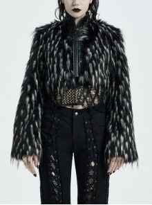 Gothic Two-Color Artificial Fur Plush Metal Zipper Loose Short Coat
